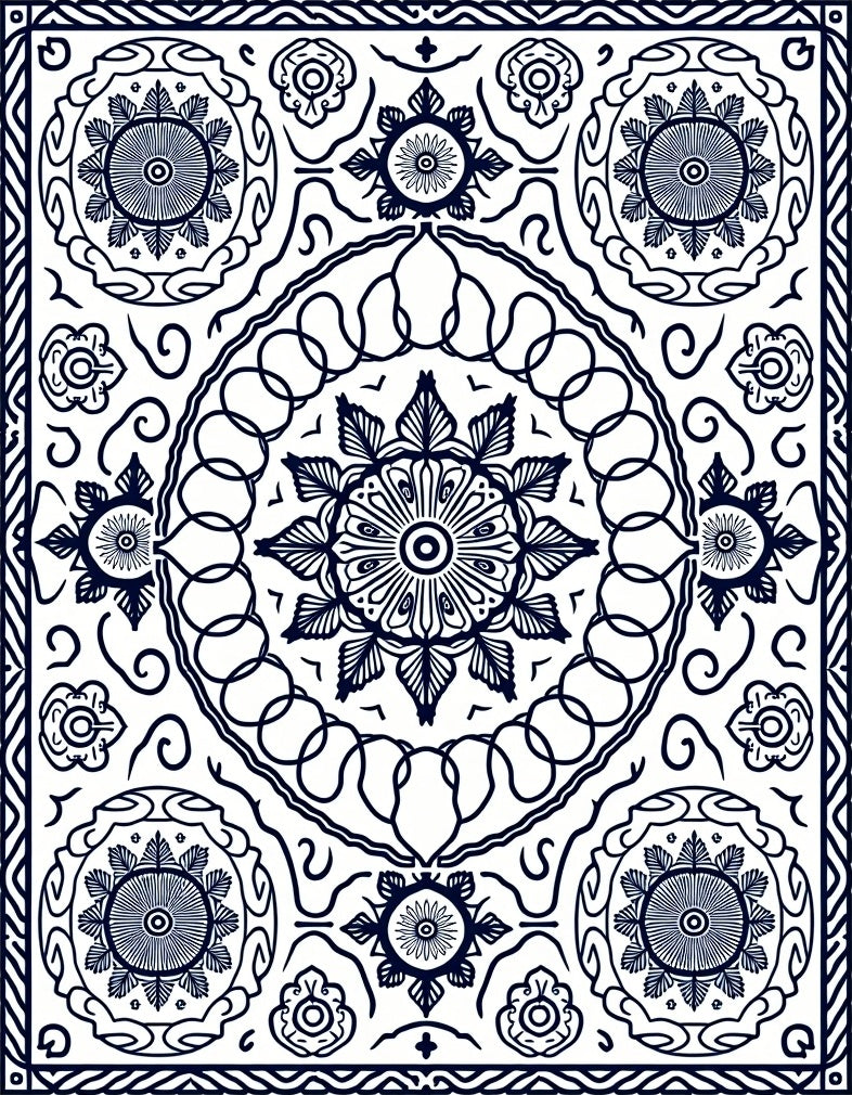 Navy White Medallion Mandala Circular Rug