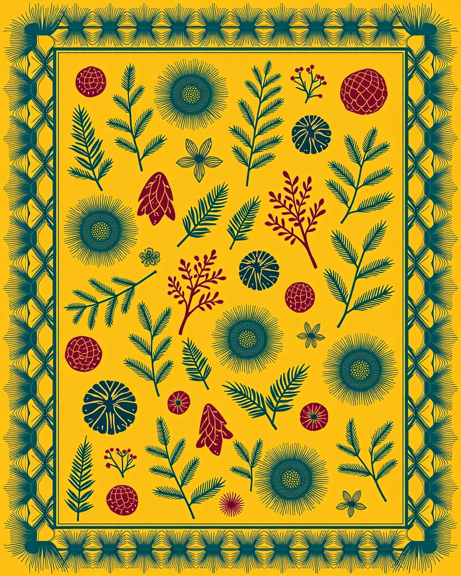 Golden Yellow Botanical Fern Medallion Rug
