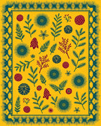 Golden Yellow Botanical Fern Medallion Rug