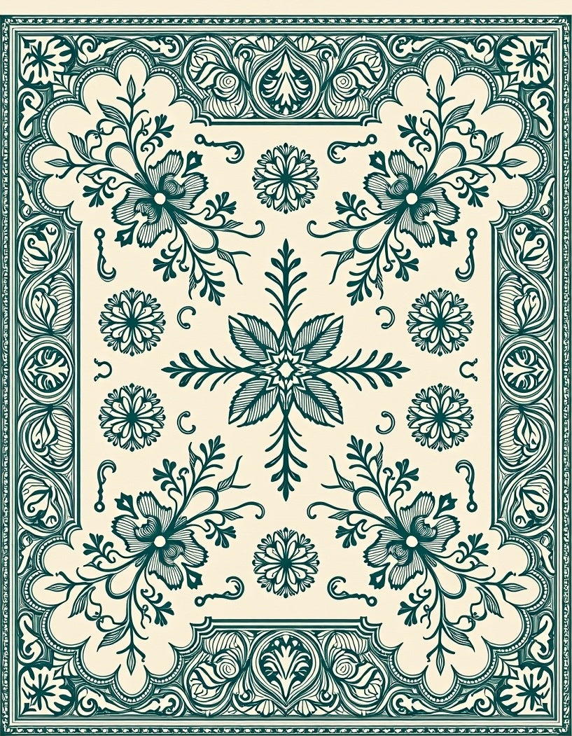 Teal Floral Vine Medallion Border Rug