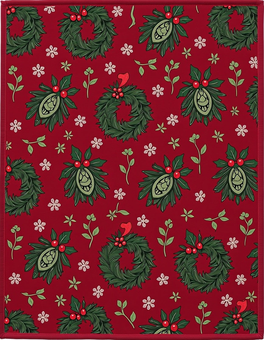 Festive Red Wreath Holly Berry Garland Rug