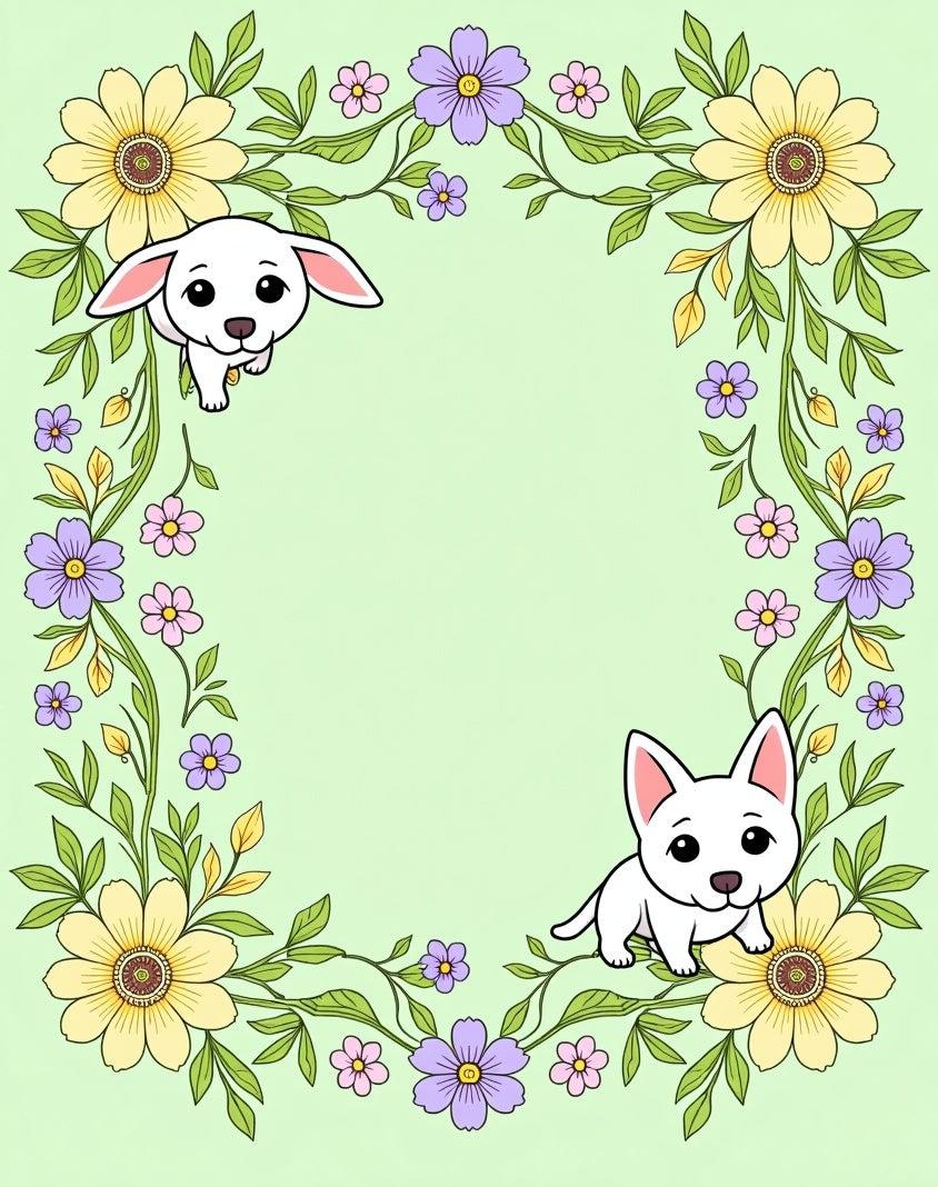 Whimsical White Puppies Floral Vine Rug