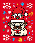 Red Pug Wearing Santa Hat Snowflakes Rug