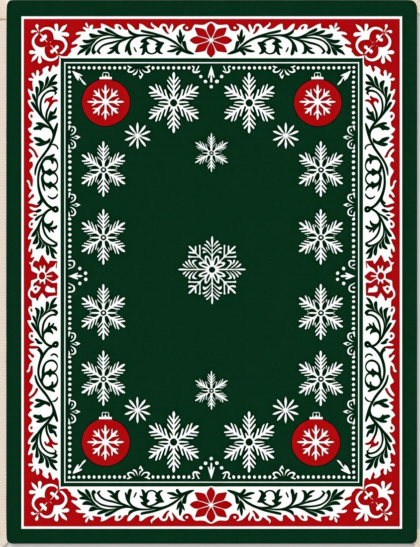 Green Snowflake Christmas Ornament Border Rug