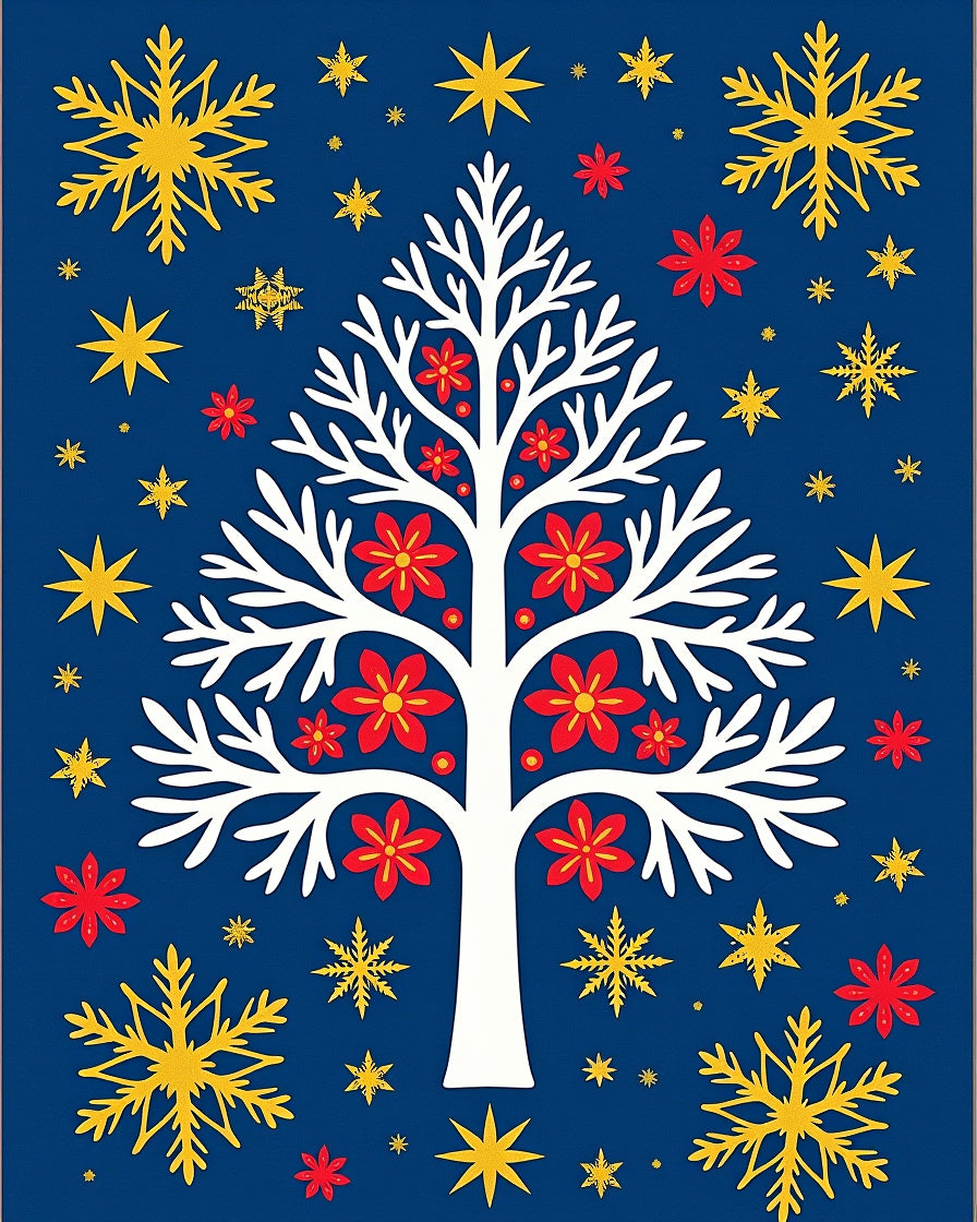 Whimsical White Tree Red Flowers Stars Rug