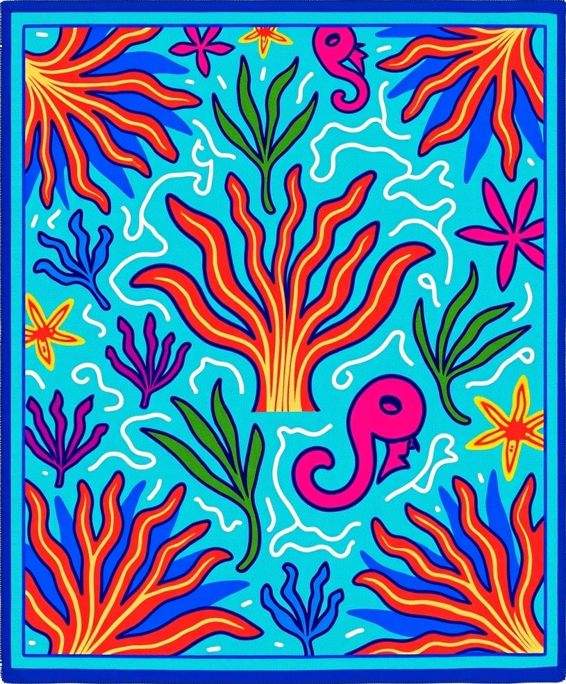 Bright Cyan Tropical Coral Seahorse Rug