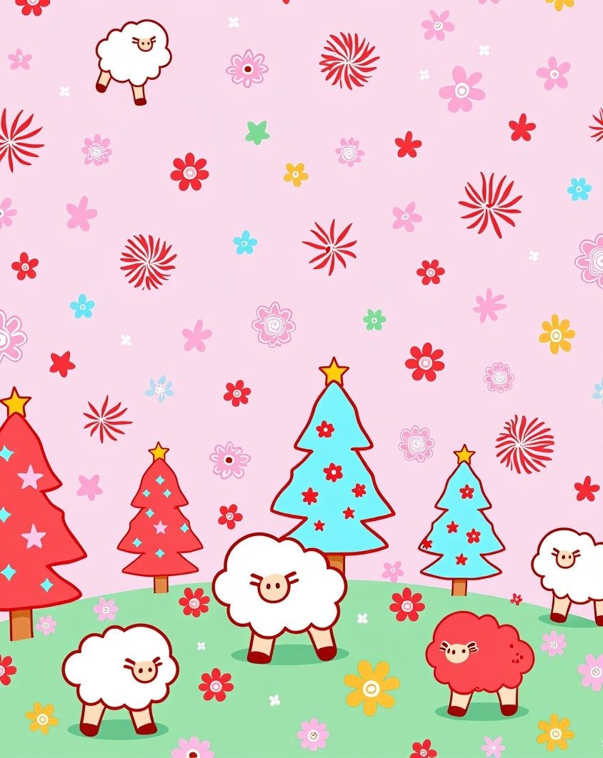 Pink Sheep and Red Christmas Trees Field Rug