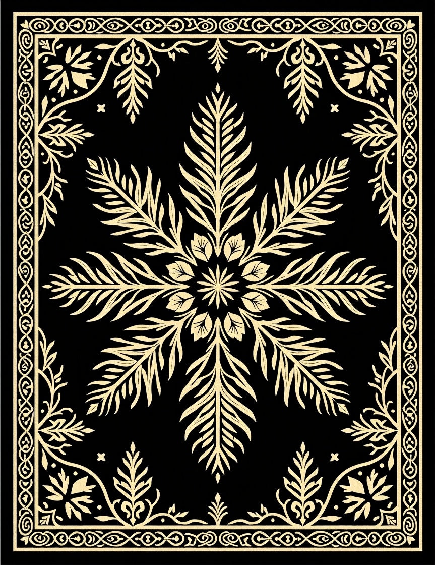 Ornate Black and Gold Leaf Mandala Rug