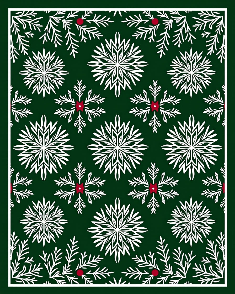 Deep Green White Snowflake Berry Scene Rug