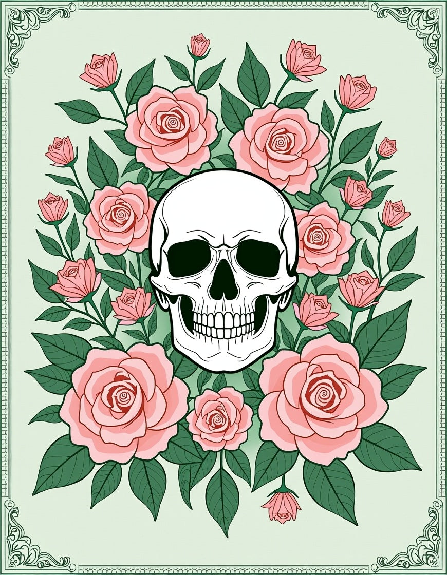 Elegant Pink Roses Skull Garden Rug