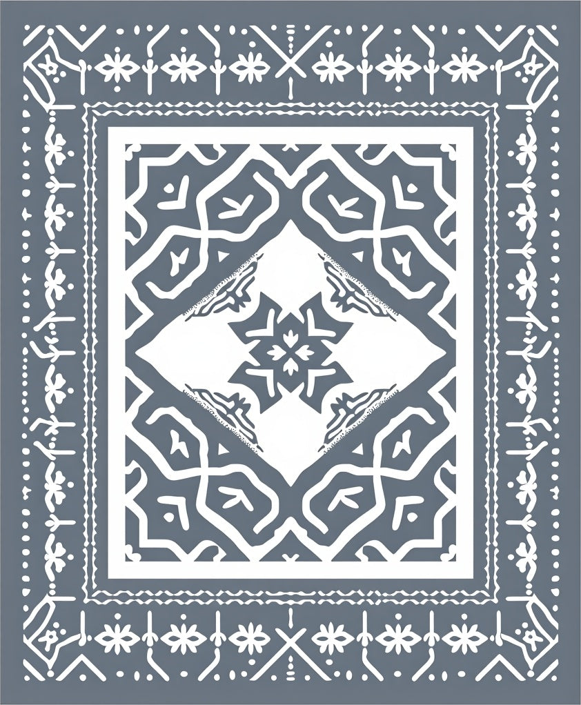 Gray White Geometric Medallion Lattice Rug