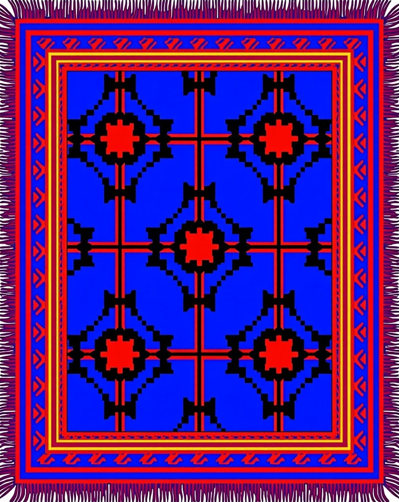 Bold Blue Red Geometric Medallion Rug
