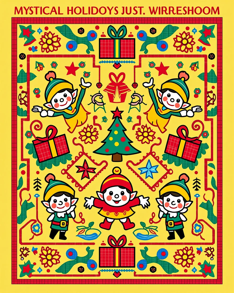Festive Yellow Elves Christmas Tree Gifts Rug