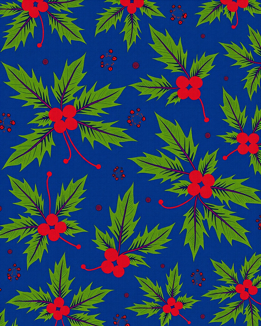 Vibrant Blue Red Holly Leaves Rug