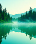 Misty Forest Calm Lake Reflection Rug