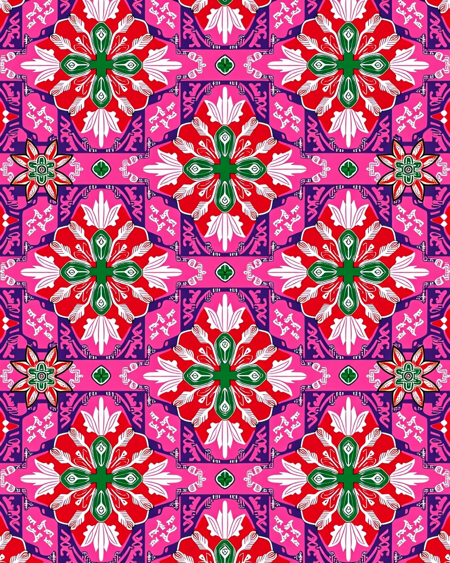 Vibrant Pink Red Green Floral Medallion Rug
