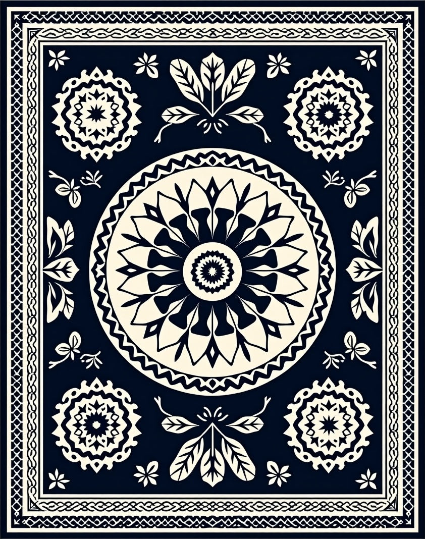 Navajo Cream Dark Blue Floral Medallion Rug