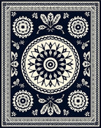 Navajo Cream Dark Blue Floral Medallion Rug