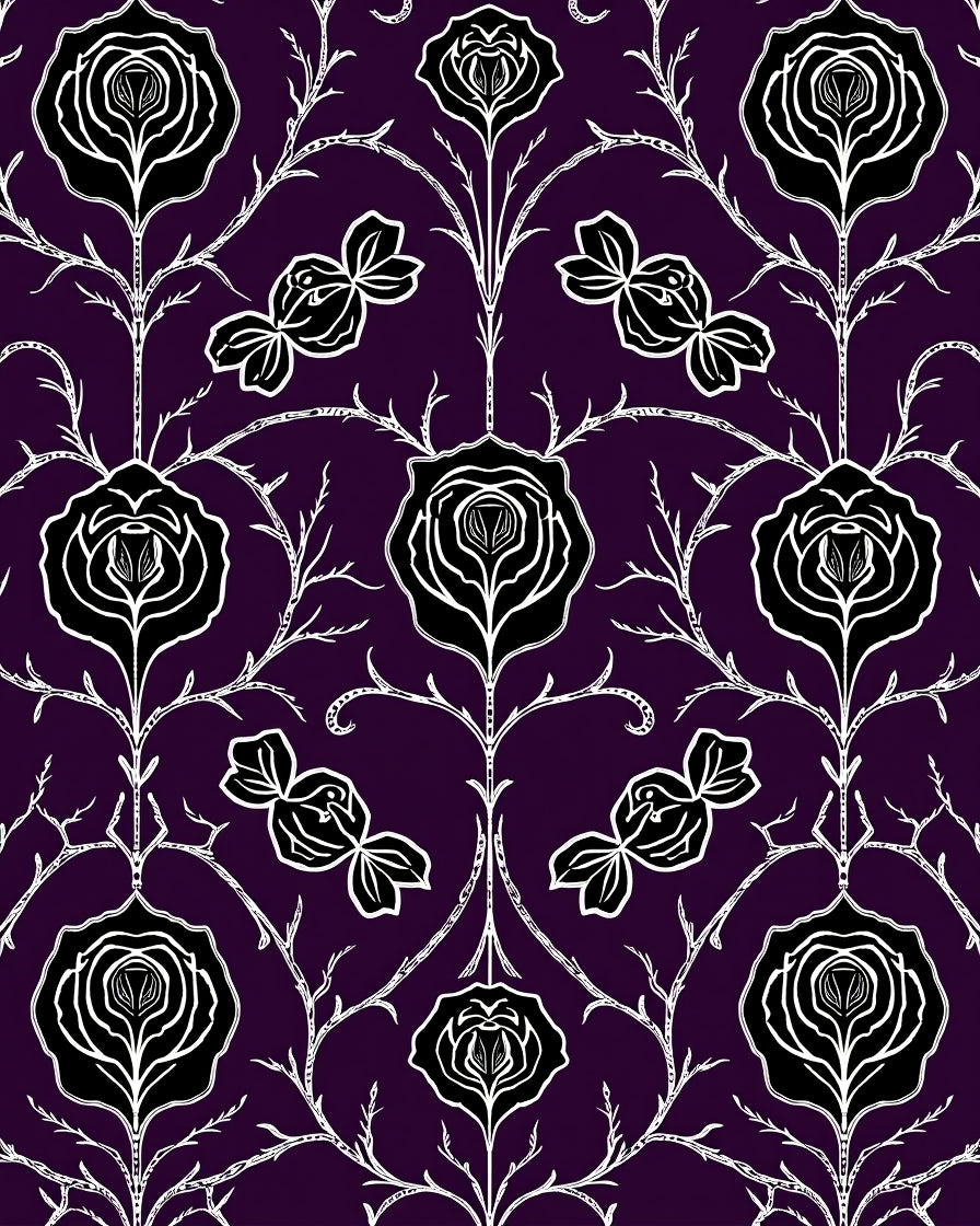 Dark Plum Black White Floral Branch Rug