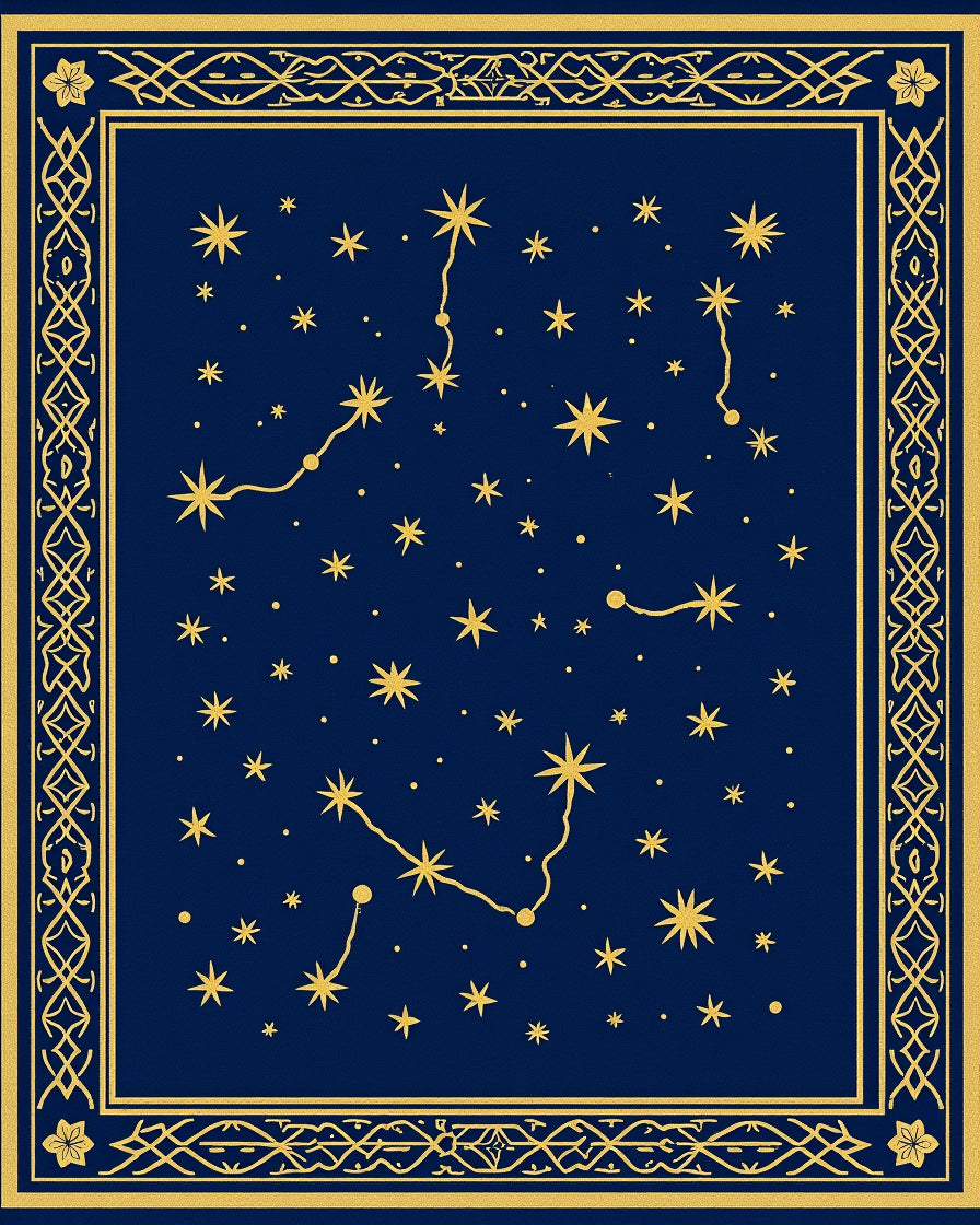Deep Blue Golden Starry Constellation Border Rug