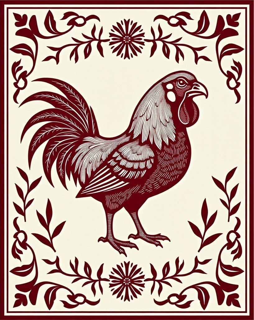 Crimson Rooster Floral Border Rug