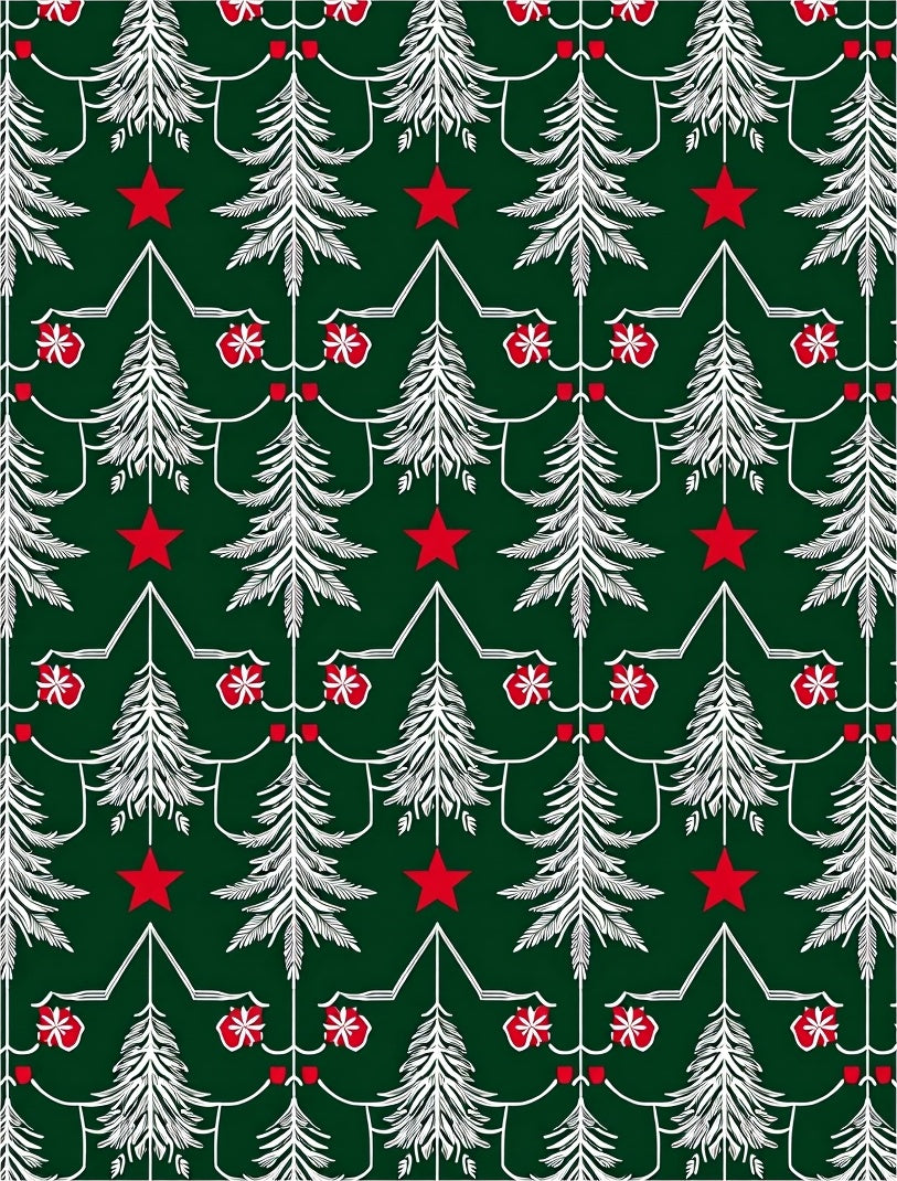 Festive White Pine Trees Red Star Accents Rug