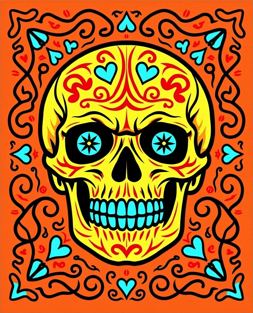 Yellow Sugar Skull with Teal Hearts Rug