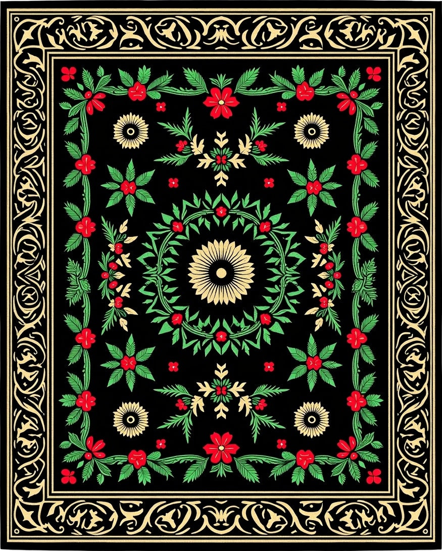 Black Floral Vines Medallion Rug