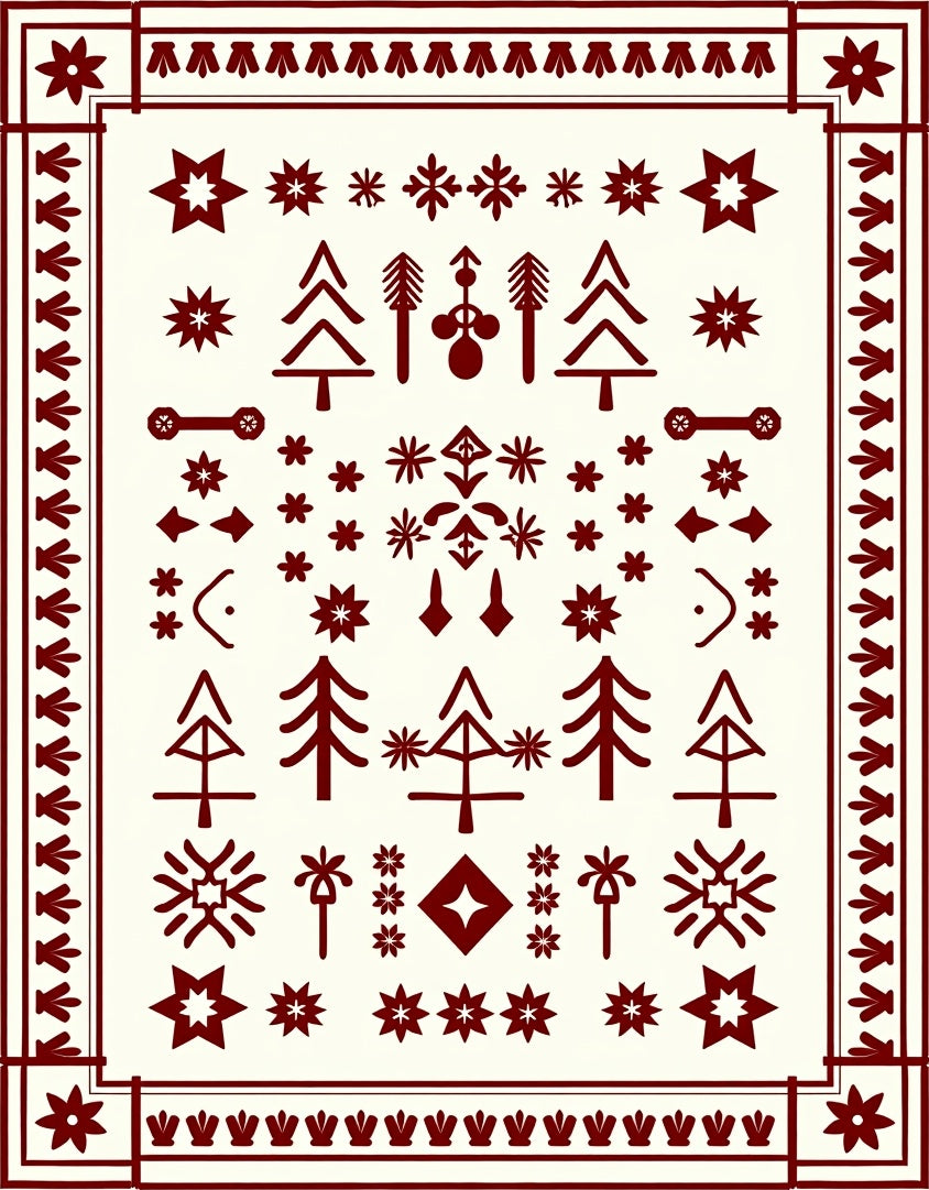 Deep Red Folk Tree Snowflake Medallion Rug