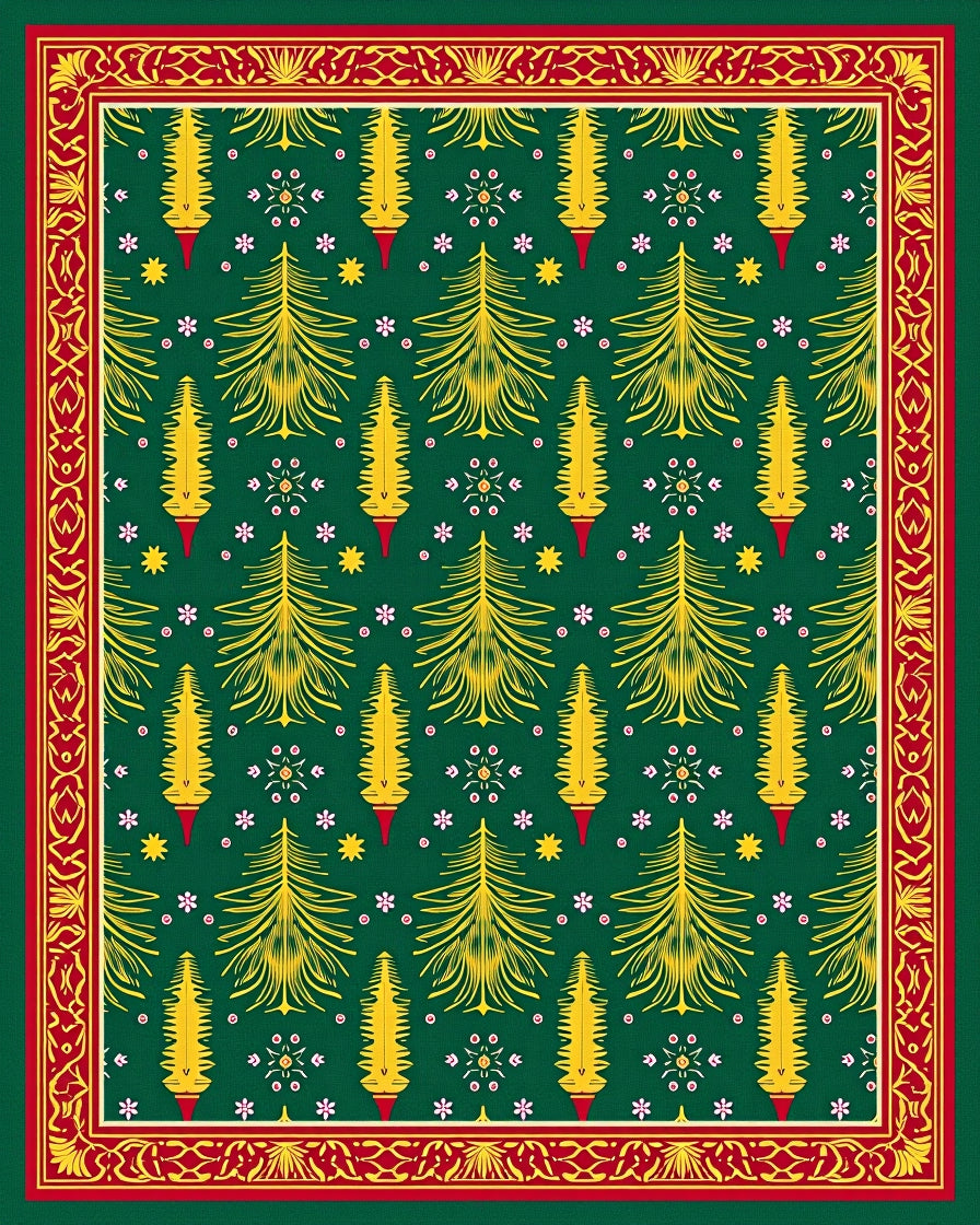 Festive Green Yellow Pine Border Rug