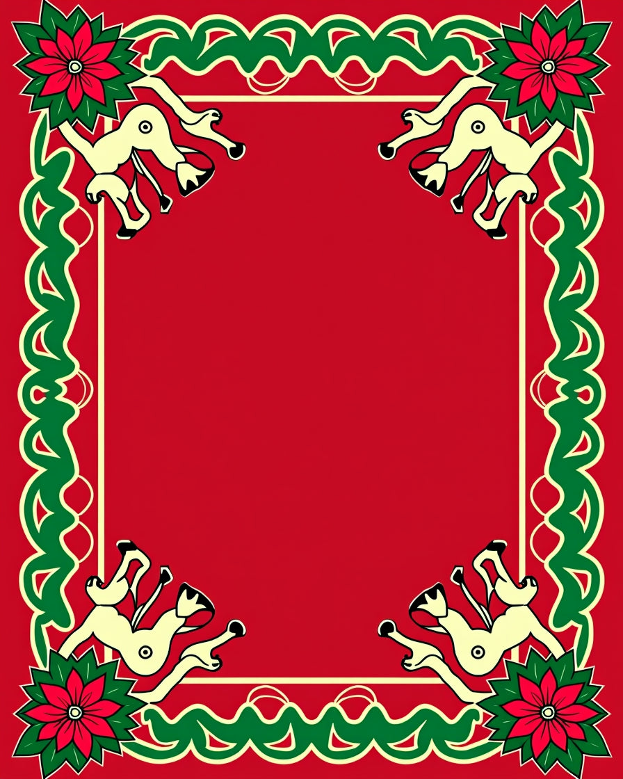 Festive Red Reindeer Poinsettia Border Rug
