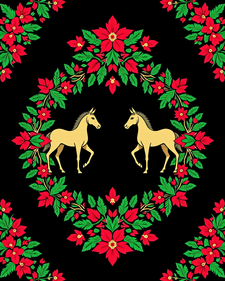 Golden Horses Red Floral Wreath Rug