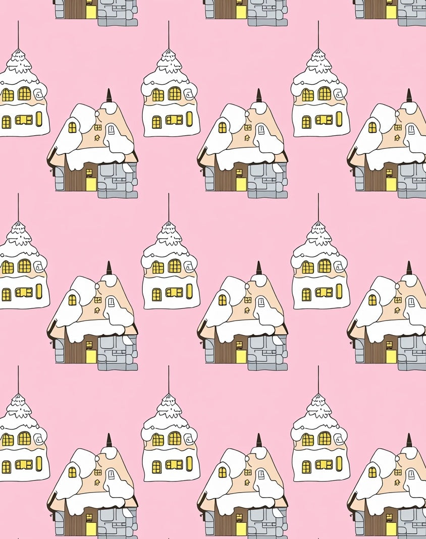 Cozy Snowy Village Houses Pink Background Rug