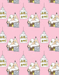 Cozy Snowy Village Houses Pink Background Rug