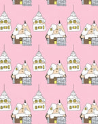 Cozy Snowy Village Houses Pink Background Rug