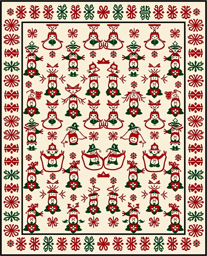 Christmas Folk Art Red Green Figures Rug