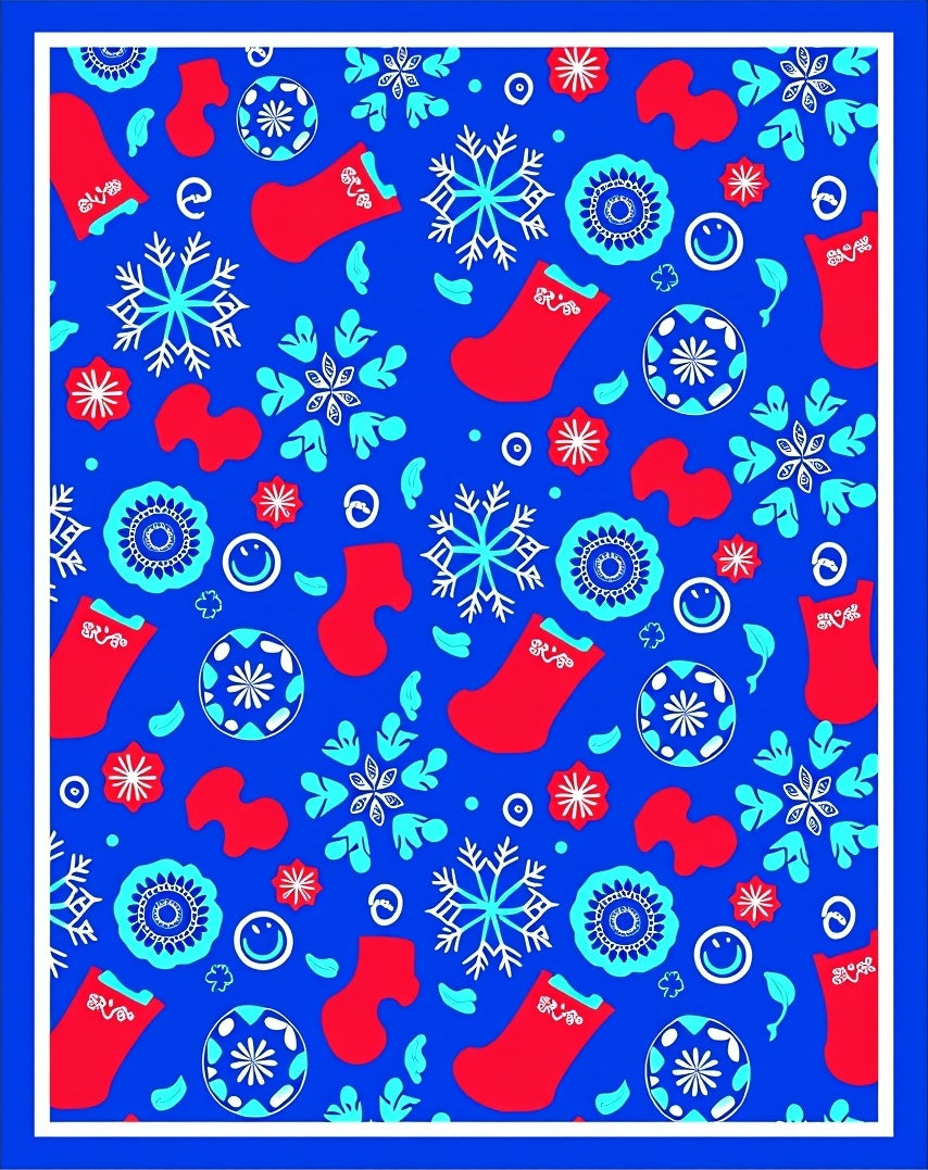 Red Snowflakes and Stockings Blue Rug