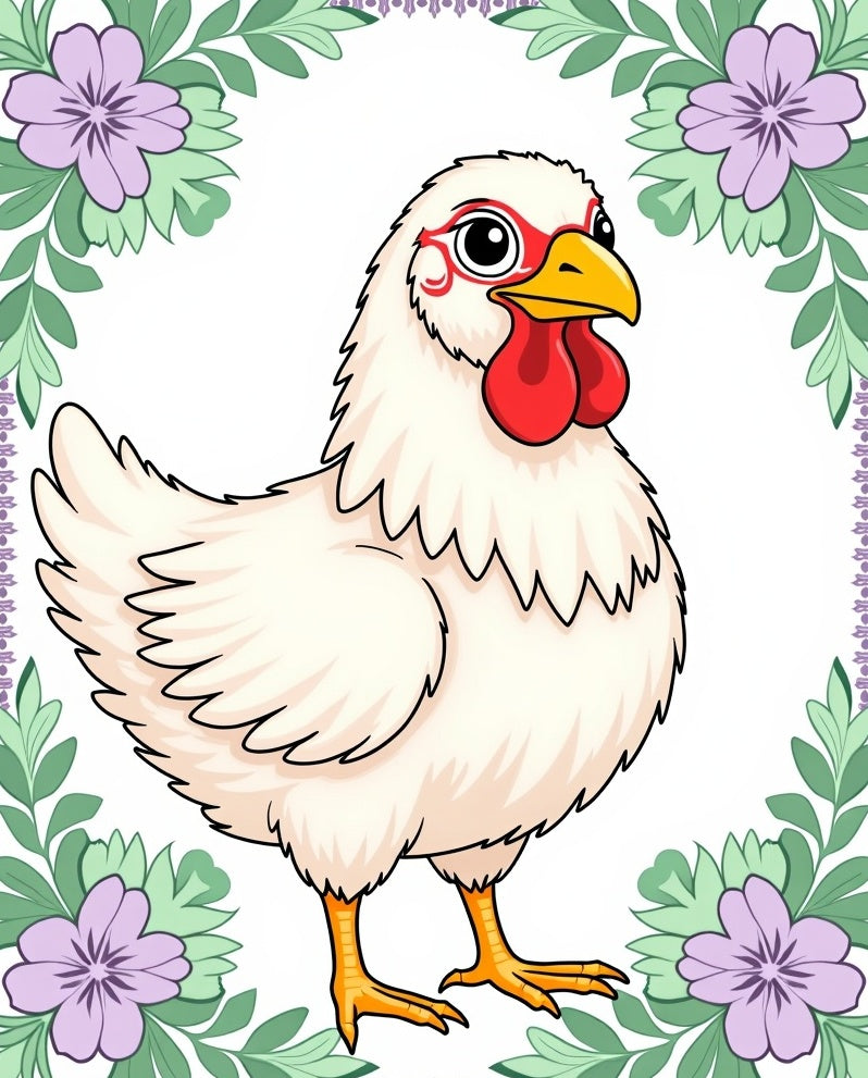 Whimsical White Chicken Floral Border Rug