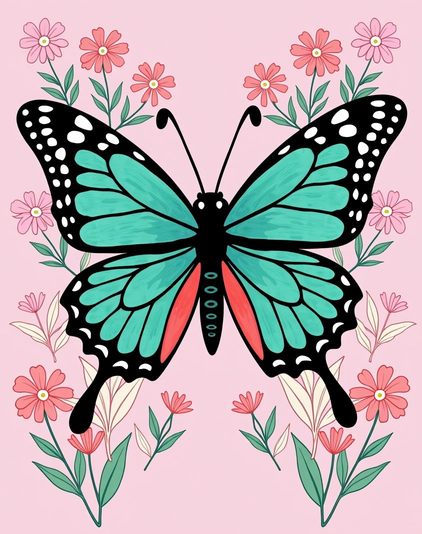 Whimsical Teal Butterfly Pink Floral Rug