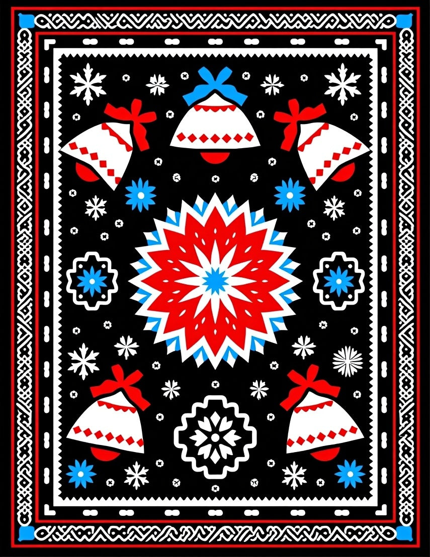 Bold Red Blue Bell Snowflakes Rug