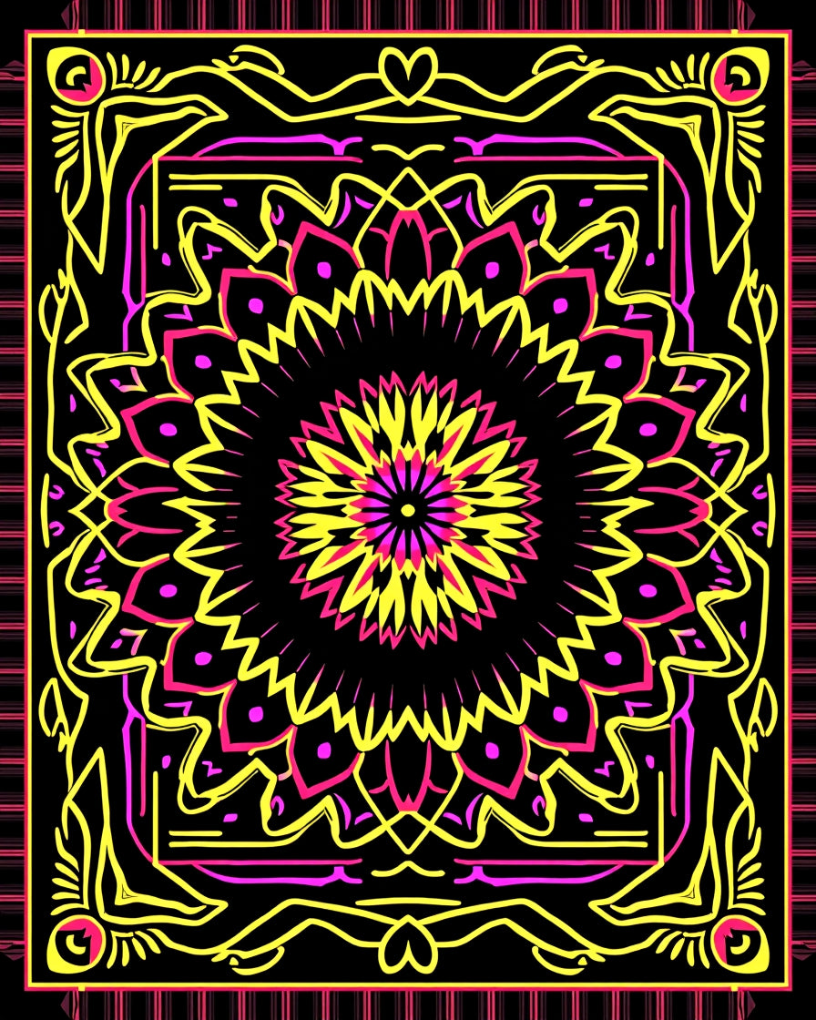 Vibrant Pink Yellow Mandala Symmetry Rug