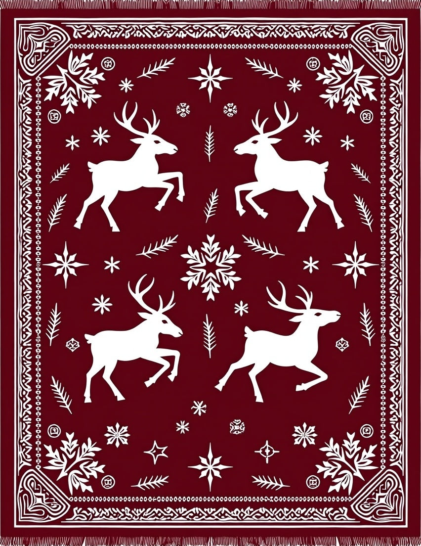 Deep Red Woodland Reindeer Snowflakes Rug