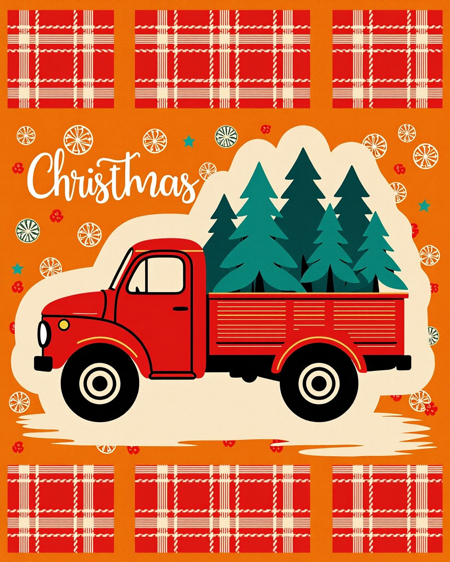 Red Truck Christmas Trees Plaid Rug