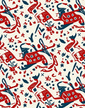 Bold Red Blue Whimsical Folk Art Rug