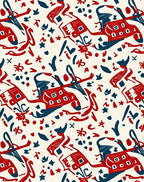 Bold Red Blue Whimsical Folk Art Rug