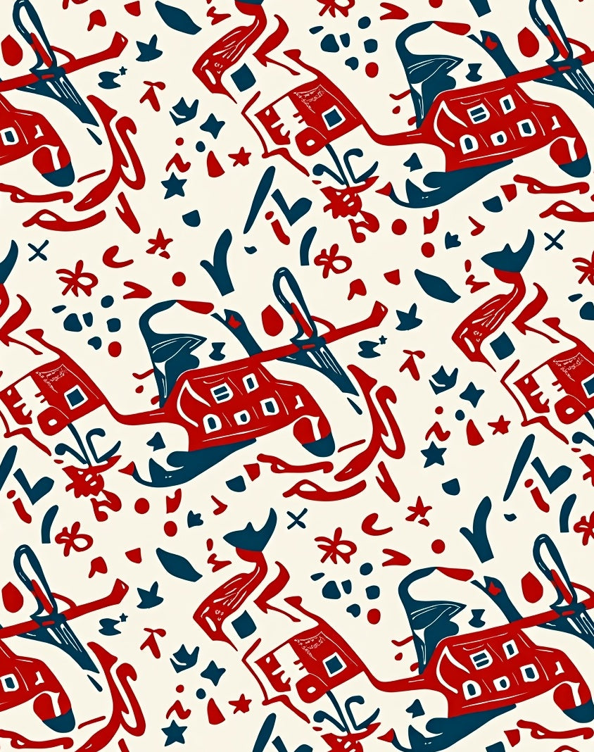 Bold Red Blue Whimsical Folk Art Rug
