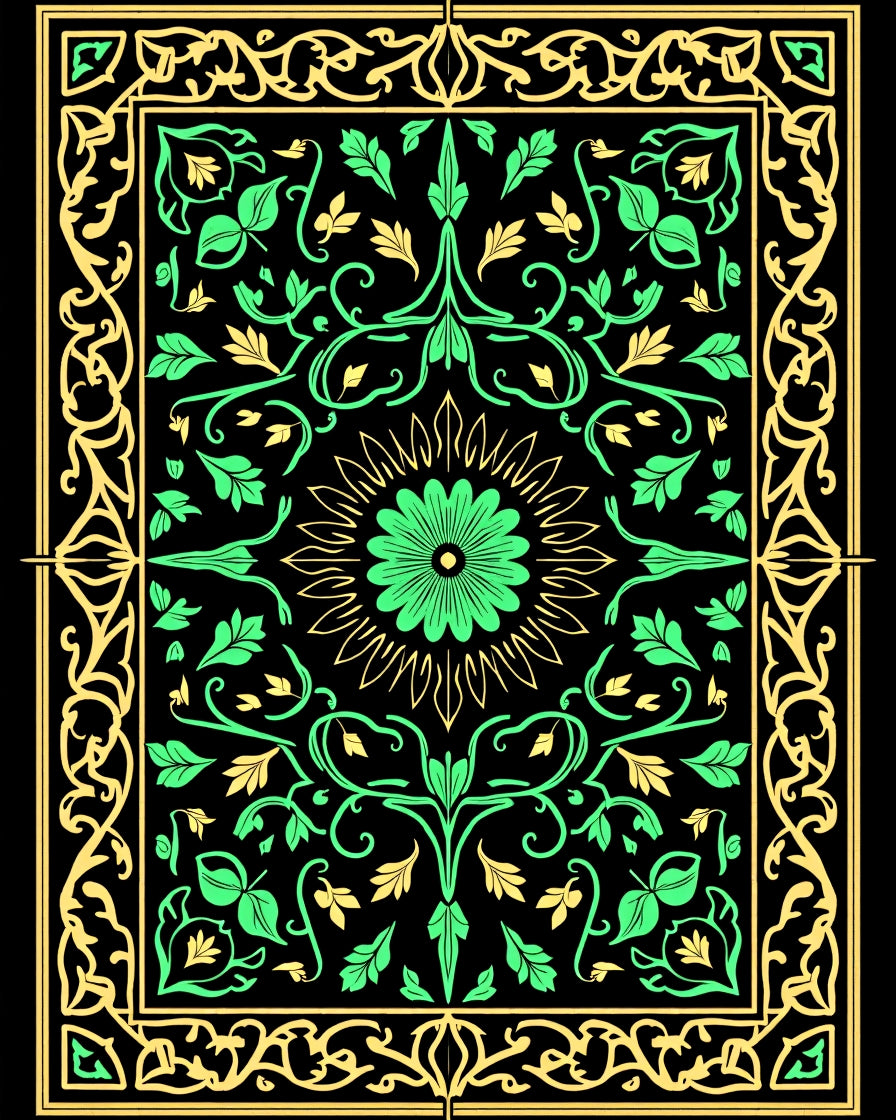 Emerald Gold Floral Mandala Border Rug