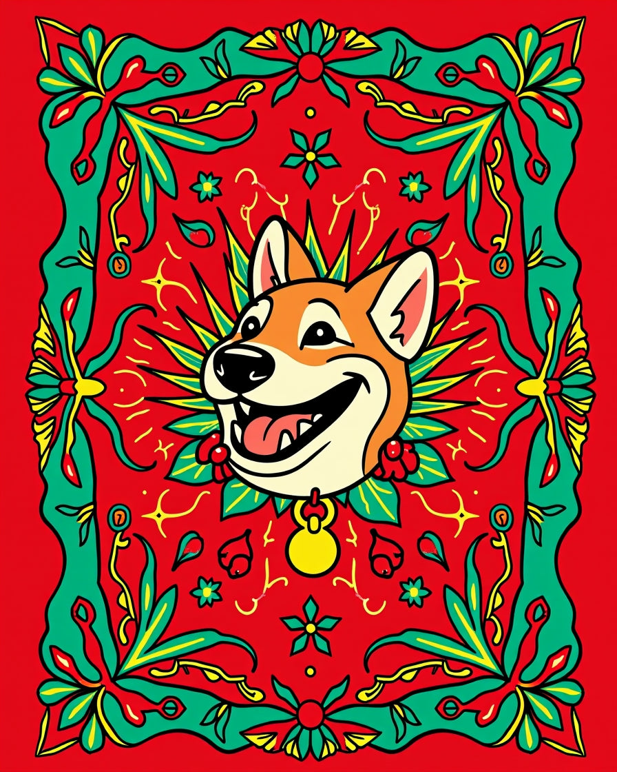 Joyful Shiba Inu Floral Medallion Scarlet Rug