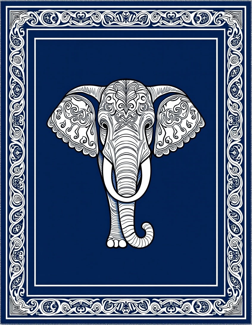 Ornate White Elephant Indigo Border Rug