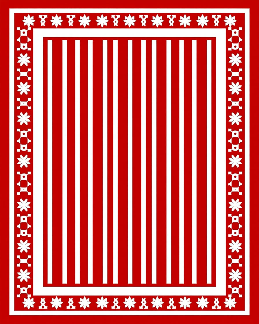 Red White Stripe Floral Border Rug